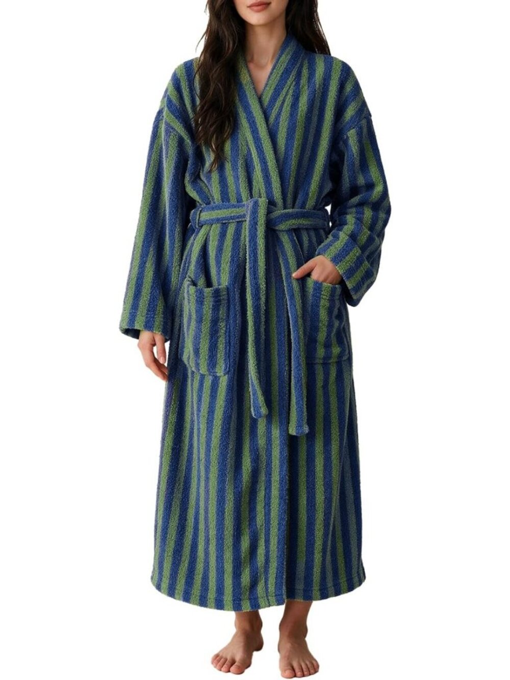 Cozy Long Striped Fleece Robe | Warm Plush Bathrobe for Women | Fluffy Comfort